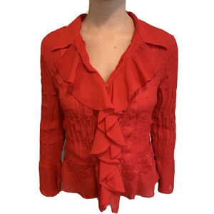 Robbie Bee Signature Blouse Womens 10 Red Silky Satin Lace Ruffle Career Top
